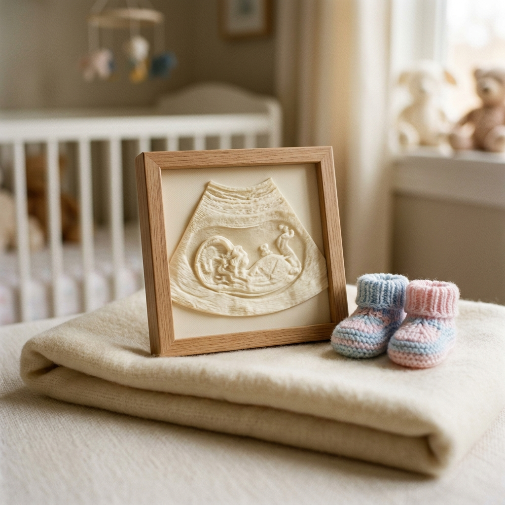3D-printed ultrasound keepsake plaque on a baby blanket