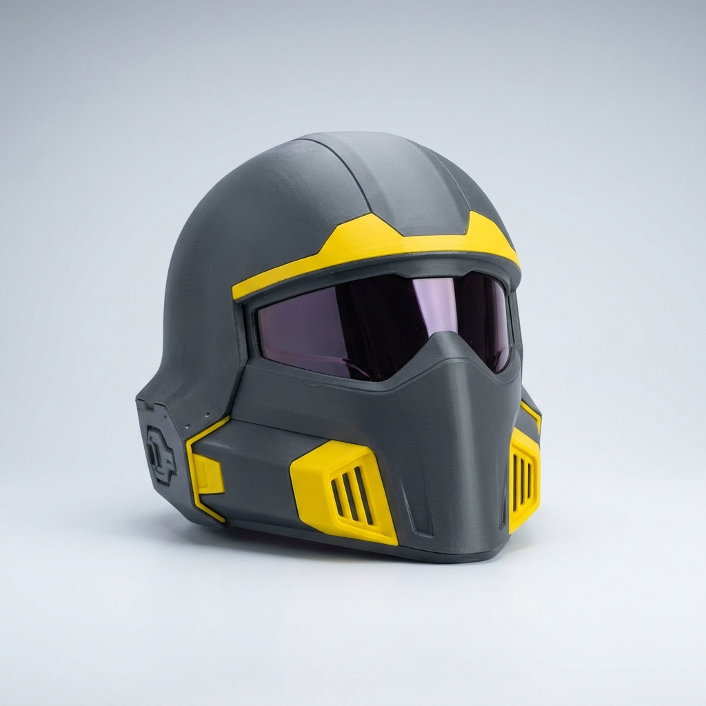 3D printed yellow and black sci-fi cosplay helmet with tinted visor