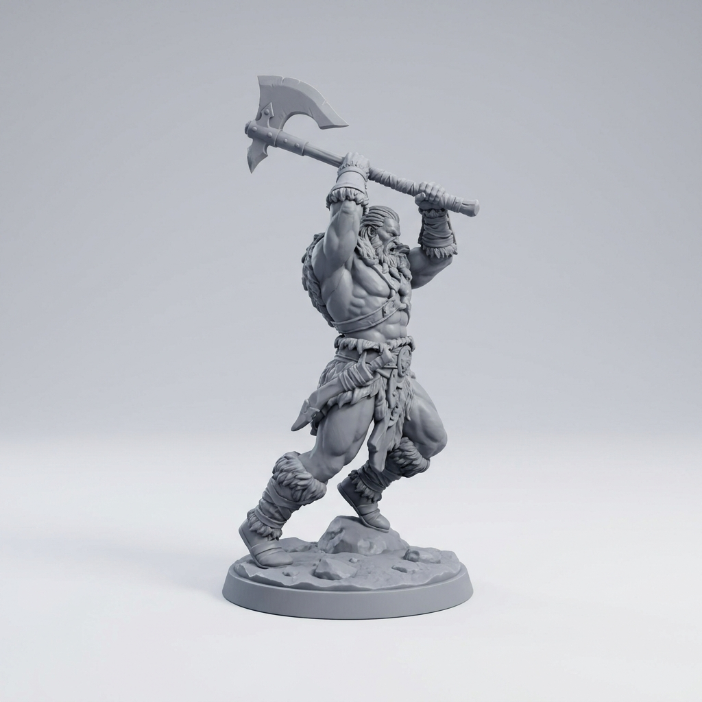 3D printed grey resin barbarian fantasy miniature