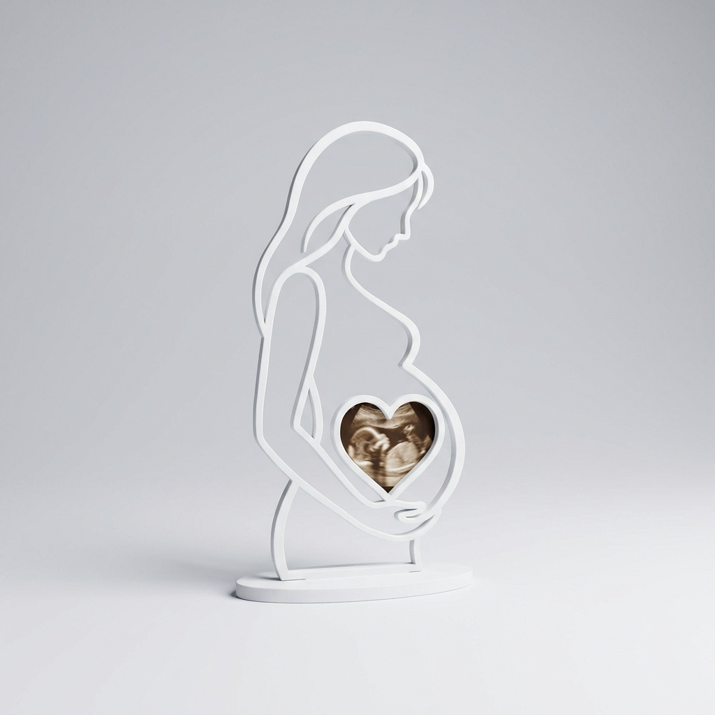 3D printed white line-art pregnant woman heart ultrasound keepsake