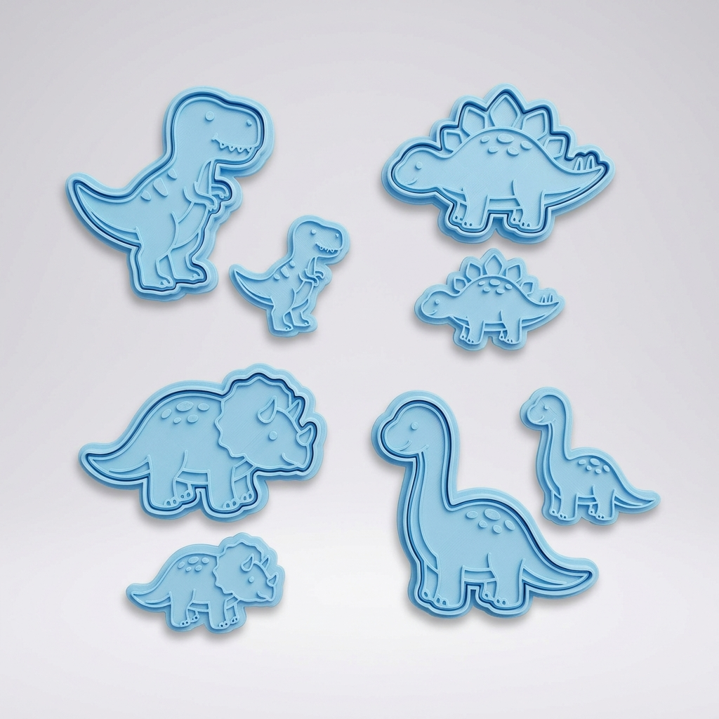 3D printed blue baby dinosaur cookie cutter set